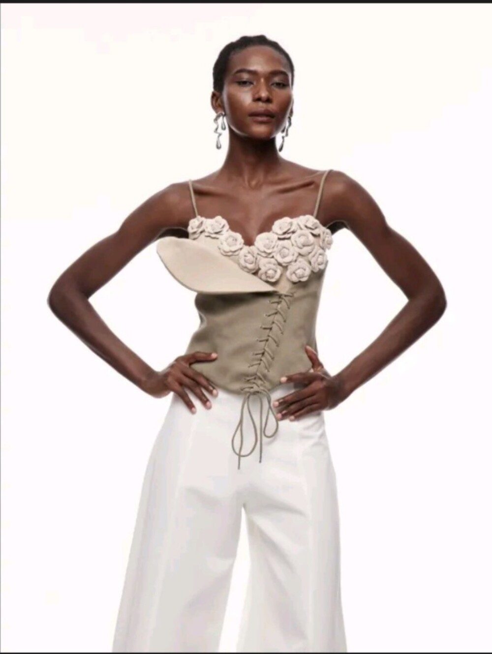 Innovare High End Denim Cedar Flower Asymmetrical Lace Up Top, L